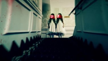 Merdivenlerin başında ürkütücü boş yüzlü iki hayalet kız, korku. Paranormal olaylar, hayalet aktiviteleri, korku sahneleri.
