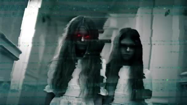 Skräckscen Två Döda Tvillingflickor Stirrar Själen Läskiga Mardrömslika Barn Paranormala — Stockvideo