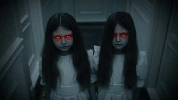 Evil Twin Girls Red Beaming Eyes Staring Camera Witchcraft Horror — Stock Video