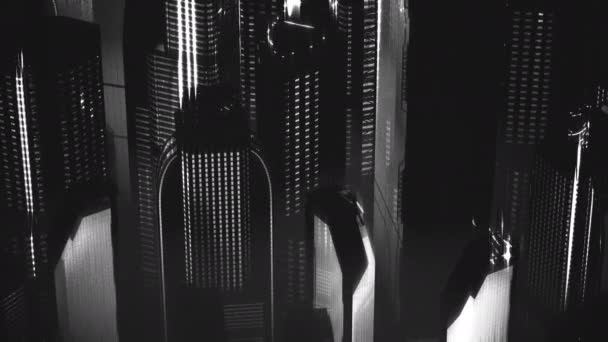 レトロなノワールメガポリス市のアニメーション 騒々しい画像 高層ビルの上からの眺め アニメナイトシティ サイバーパンク — ストック動画