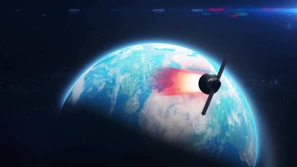 Спутник Посылает Сигнал Землю Глобальную Систему Интернет Телекоммуникаций Глобальная Спутниковая — стоковое видео