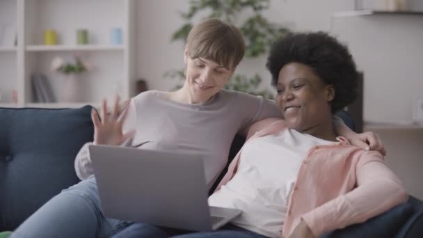 Entspanntes Lesbisches Paar Beim Videoanruf Laptop Auf Dem Sofa Sitzend — Stockvideo
