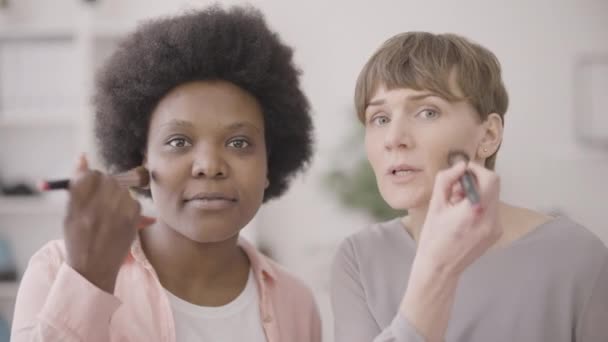 ブラシで化粧を適用する2人の多文化の若い女性 スキンケア 美しさ — ストック動画