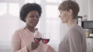 Kadehleri tokuşturan çok ırklı kadın arkadaşlar, partide şarap içen lgbt çifti.