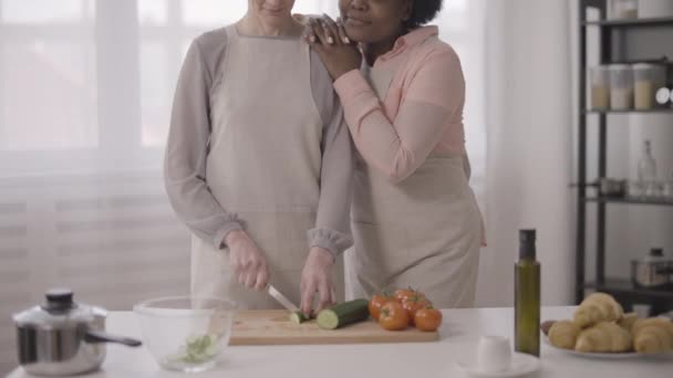 Negru Femeie Dragoste Îmbrățișare Caucazian Prietena Bucătărie Gătit Împreună — Videoclip de stoc