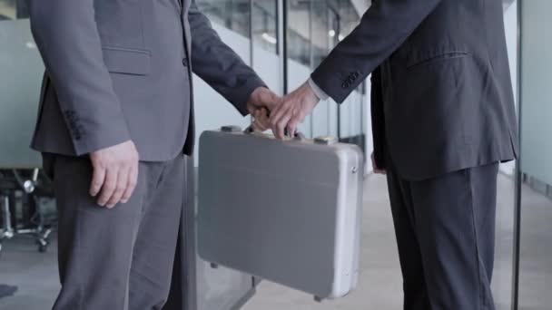 Man Suit Passing Case Partner Company Office Business Handshake Deal — Stock Video