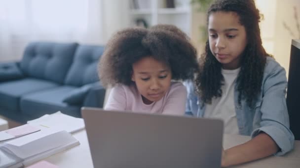 Junge Schwestern Mit Natürlichen Schwarzen Haaren Sehen Online Unterricht Und — Stockvideo