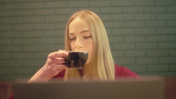 女学生喝咖啡 在笔记本电脑上打字 远程教育 自由职业 — 图库视频影像