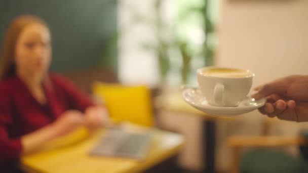 在咖啡店为在笔记本电脑上工作的女自由职业者提供一杯咖啡的服务员 — 图库视频影像