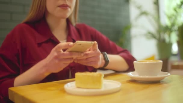 女性博主在咖啡店的小玩艺儿上拍照 社交媒体成瘾 — 图库视频影像