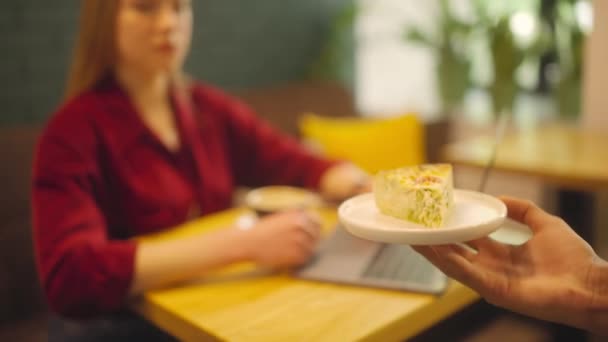 Cameriere Che Serve Torta Freelance Femminile Che Lavora Computer Portatile — Video Stock