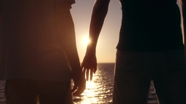 Два Парня Держатся Руки Любоваются Закатом Море Вместе Голубая Любовь — стоковое видео