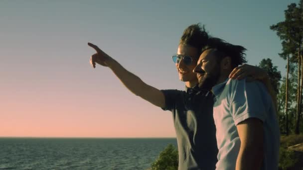 Mutlu Eşcinsel Çift Deniz Manzarasına Sarılıyor Hayranlık Duyuyor Birlikte Gelecek — Stok video