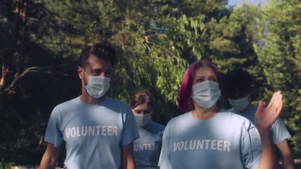 Environmental Activists Masks Viewing Contaminated Forest Natural Disaster — Stock Video