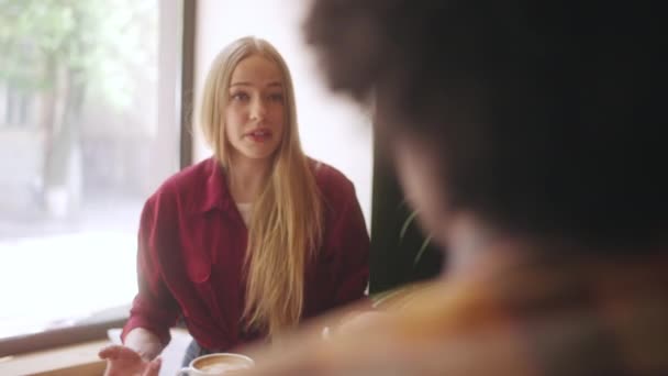 レストランで男性の友人と議論する匿名の女性 意見の対立 — ストック動画
