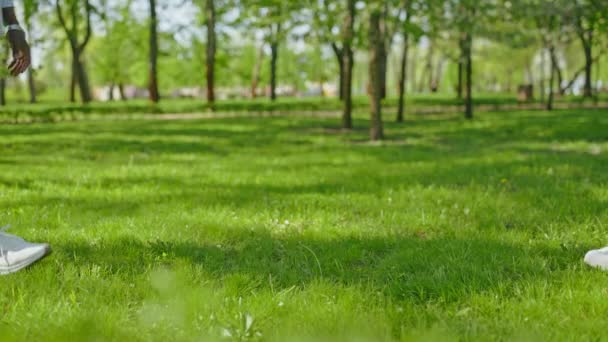 Los Pies Masculinos Femeninos Unen Hierba Verde Pareja Abrazándose Parque — Vídeos de Stock
