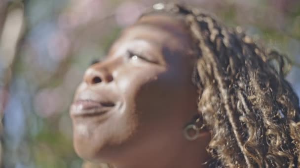 Joven Hermosa Mujer Negra Disfrutando Del Sol Verde Parque Verano — Vídeos de Stock