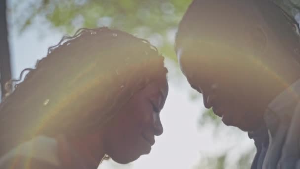 Afro American Man Tenderly Touching Girlfriend Hand Sunrays Romantic Date — Stock Video