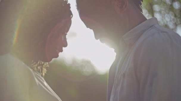 Beautiful Black Couple Tenderly Hugging Sunrays Touching Foreheads Romance — Stock Video