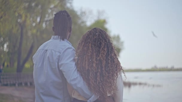 Pareja Joven Con Trenzas Afro Disfrutando Increíbles Paisajes Fluviales Cita — Vídeo de stock