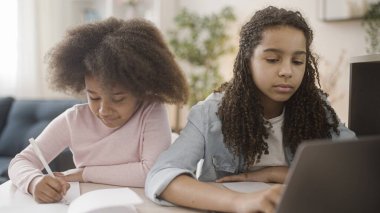 Genç Afro-Amerikalı kız kardeşler birlikte ödev yapıyorlar, dizüstü bilgisayar kullanıyorlar, yazı yazıyorlar.