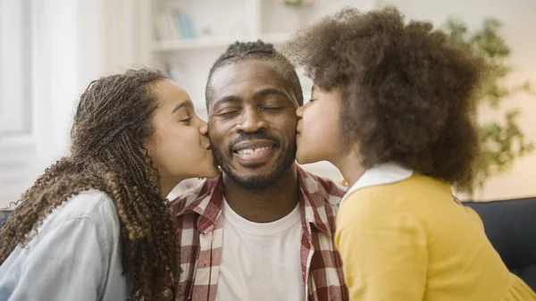 Happy Little Sisters Kissing Cheeks Loving Father Family Hugging Smiling — Stock Photo, Image
