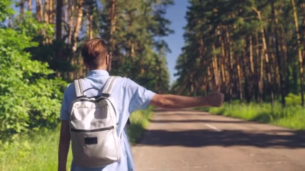 男子搭便车者在路上打手势 享受夏天的旅行 — 图库视频影像
