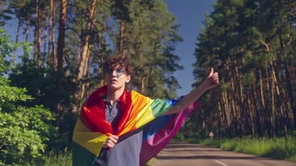 Cute Young Man Wrapped Rainbow Flag Hitching Ride Highway Alone — Stock Video