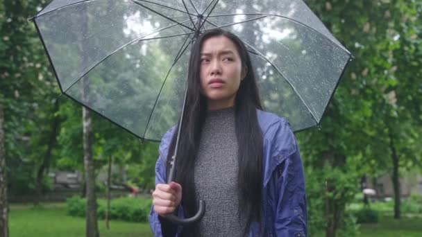 Frustrated Asian Woman Feeling Headache Standing Rain Weather Related Pain — Stock Video