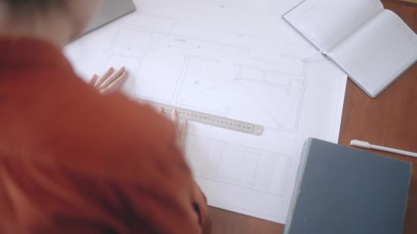 Female Student Making Drawing Building Plan Diploma Project Closeup — Stock Video