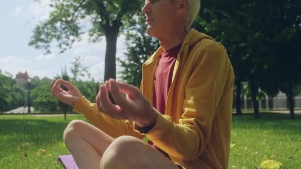 Senior Man Sitting Lotus Pose Practicing Yoga City Park Active — Stock Video