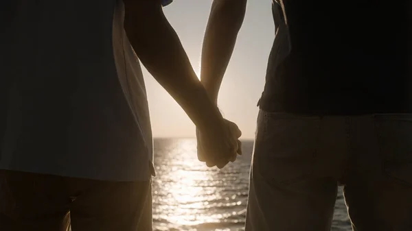Два Парня Держатся Руки Любоваются Закатом Море Вместе Голубая Любовь — стоковое фото