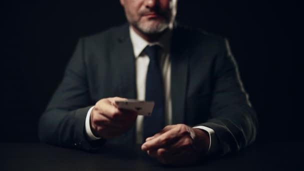 Smiling Man Suit Showing Pair Aces While Playing Poker Luck — Stock Video