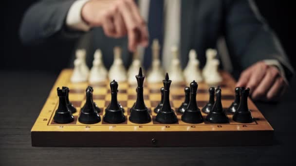 Businessman Making First Move White Pawn Playing Chess Competitor — Stock Video