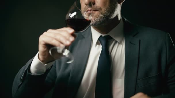 Man Sommelier Provsmakning Typ Rött Vin Upptäcka Smak Slow Motion — Stockvideo