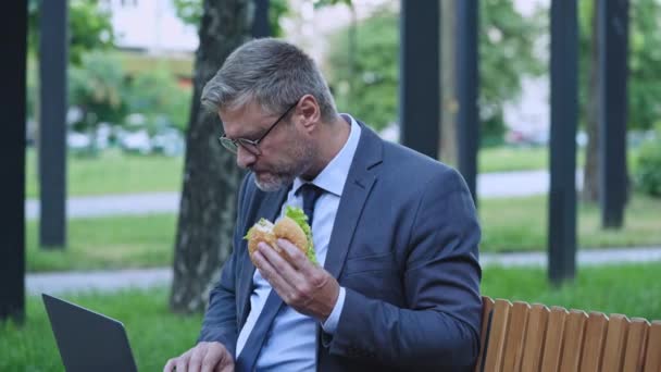 Értékesítési Menedzser Dolgozik Laptop Padon Parkban Eszik Egy Burger — Stock videók