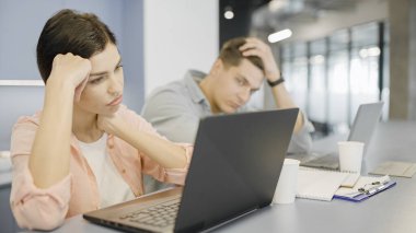 Şirket yöneticileri çözüm düşünüyor, birlikte dizüstü bilgisayarda çalışıyoruz, iş yapıyoruz.