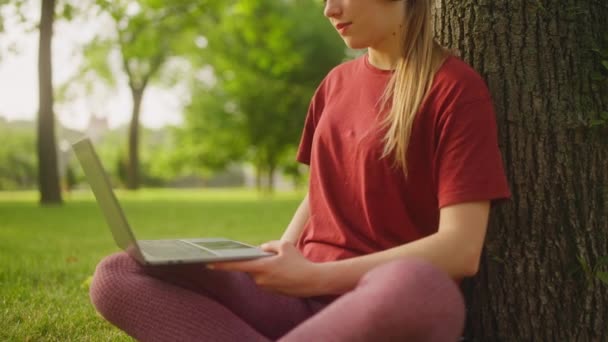 Mujer Joven Que Tiene Videollamada Sentado Con Ordenador Portátil Bajo — Vídeos de Stock