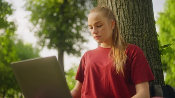 Junge Hübsche Frau Arbeitet Laptop Freien Fernarbeit Freiberufliche Karriere — Stockvideo