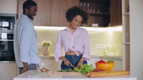 Marido Feliz Abraçando Esposa Cozinhar Cozinha Relacionamento Feliz Amor — Vídeo de Stock