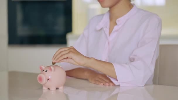 Young Female Putting Coin Piggybank Investment Future Savings Bank — Stock Video