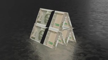 Fragile card house built from Indian 500 rupee notes tied with black tape, symbolizing unstable economy, risk, money balance and fragile wealth.