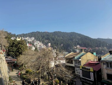 2 Şubat 2025, Shimla Hindistan Shimla 'nın çatılarını yükseltti, tepeler, ağaçlar ve uzak vadilerle çevrili sarmal sokakları, kasabaların kompakt yerleşim yerlerini ve dağ düzenini yakaladı..