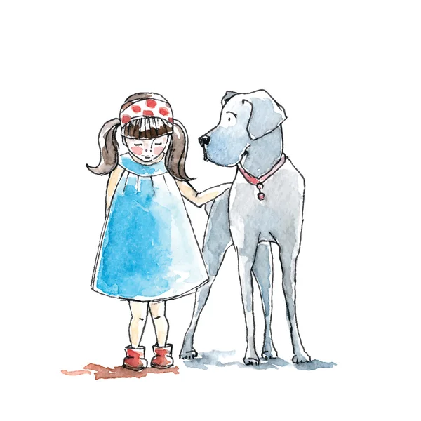 Illustration aquarelle Fille dans la robe bleue avec grand chien — Image vectorielle