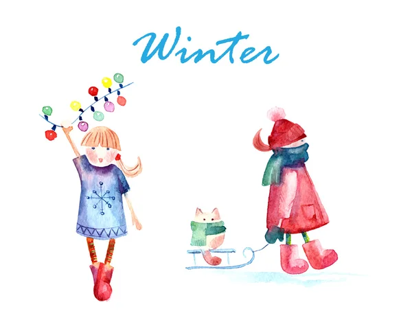 Watercolor illustration Girls and Winter — Stock Vector