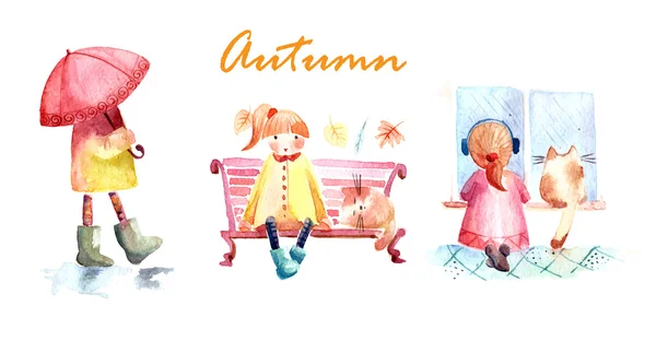 水彩插图女孩和秋天 — 图库矢量图片