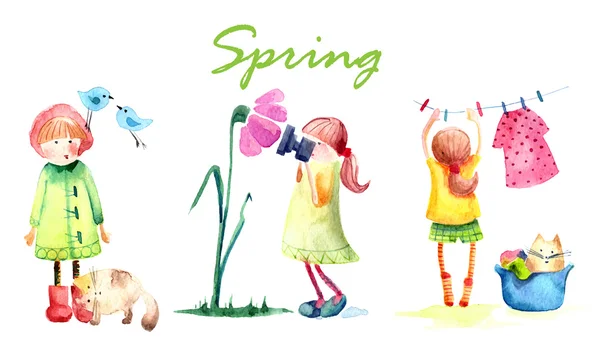 Watercolor illustration Girls and Spring — Stock Vector