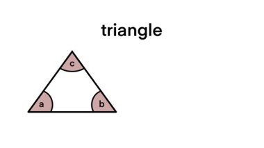 motion of Educational chart showing types of triangles with labeled angles: general triangle, equilateral, isosceles, and right triangle, including angle sum properties and definitions