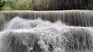 Güçlü tropikal şelale yemyeşil ormanda akıyor, köpüklü beyaz su kayaların üzerinde çağlıyor. Parlak doğal manzara bozulmamış doğanın saf güzelliğini ve enerjisini gösteriyor.