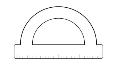 0 'dan 180' e kadar açık derece işaretli bir açıölçer ve aşağıda düz kenarlı bir cetvel. Açıları ölçmek için matematik, geometri ve eğitim materyalleri için ideal